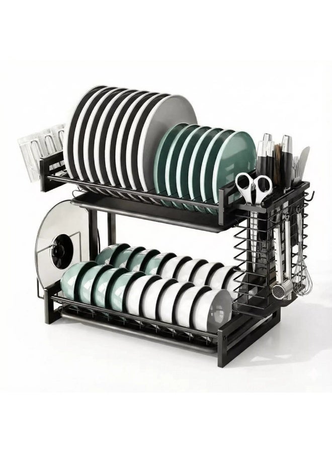 رف تجفيف الاطباق: رفوف اطباق من طبقتين لطاولة المطبخ والحوض - رف تجفيف اطباق كبير مع لوح تصريف وحوامل ادوات - مصفاة اطباق من الستانلس ستيل لتنظيم وتخزين المطبخ - Image 1